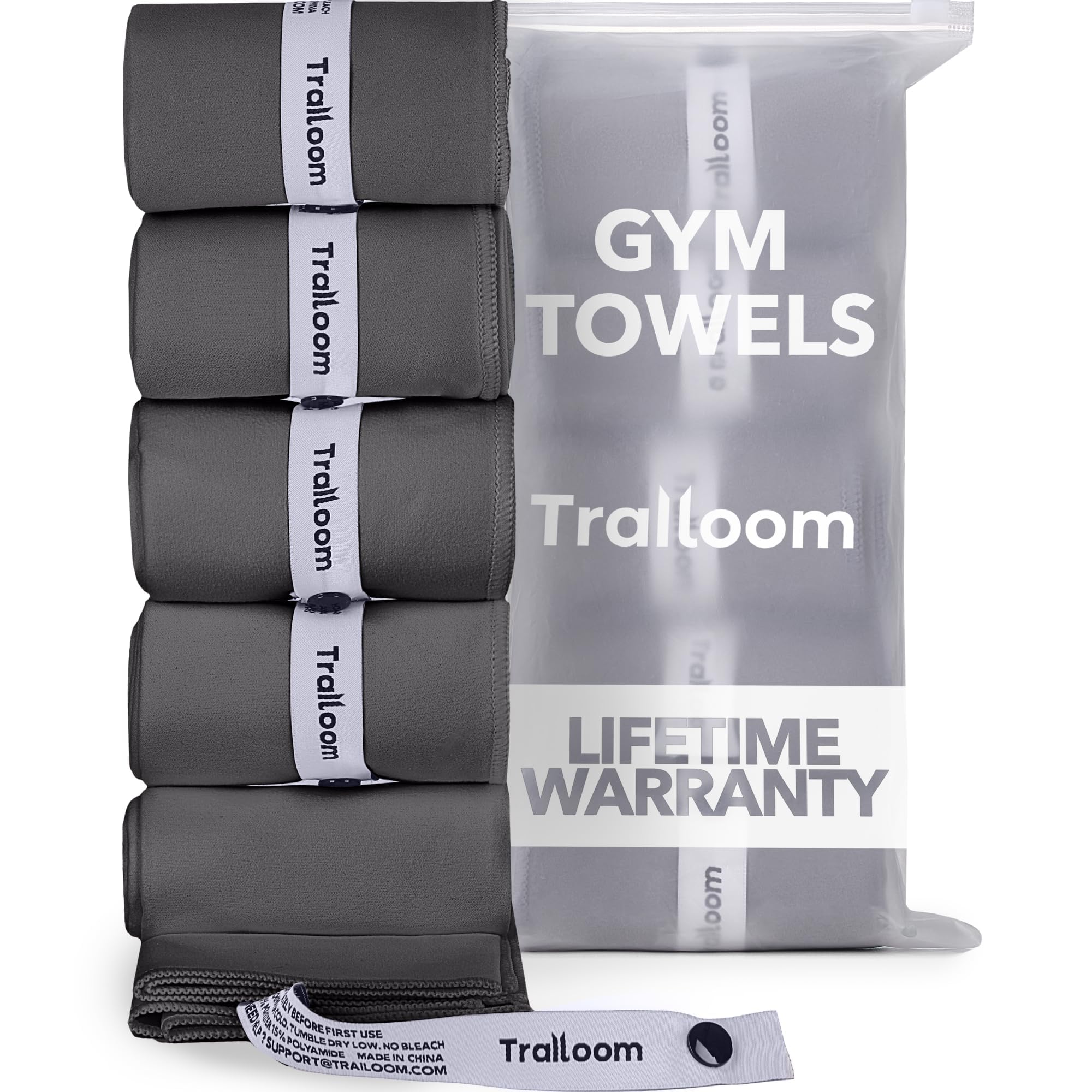 Trailoom Microfiber Workout Towels - Quick Dry, Highly Absorbing, Odor-Free, for Men & Women - Gym Sweat Sports Towel for Hot Yoga, Tennis, Running, Exercise, Working Out, Camping, Set of 5 Dark Gray
