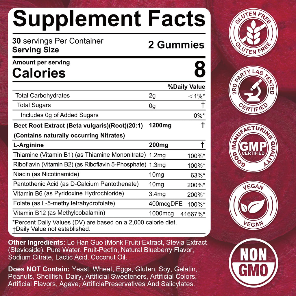 Beet Root Gummies, Beetroot & L-Arginine, Red Beets Supplements w/ Vitamin B1, B2, B3, B5, B6, Folate, B12 for Energy Boost & Circulation Support, Sugar Free Nitric Oxide Gummies, 60 Beet Chews