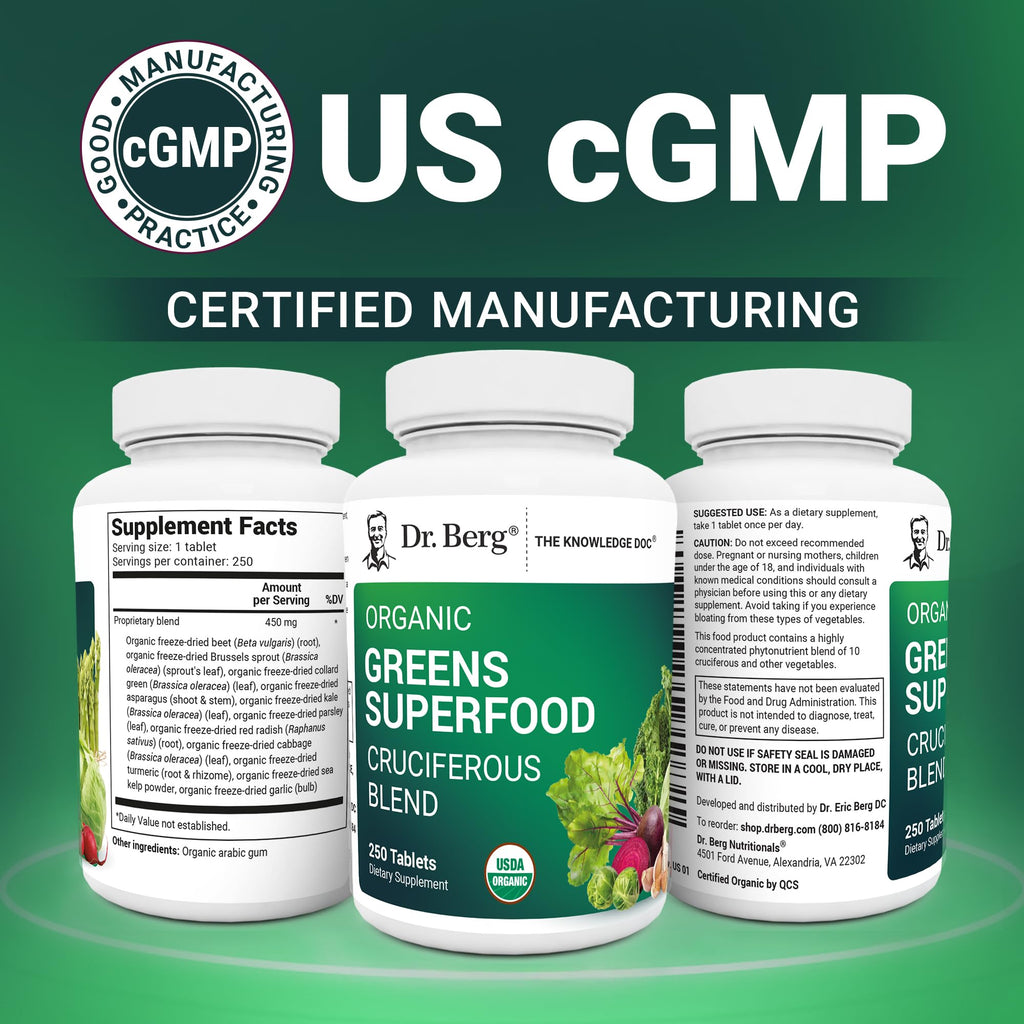 Dr. Berg's Greens Superfood Cruciferous Vegetable Tablets - Vegetable Supplements for Adults w/ 11 Phytonutrient Super Greens Tablets - Energy, Immune System & Liver Veggie Tablets - 250 Tablets