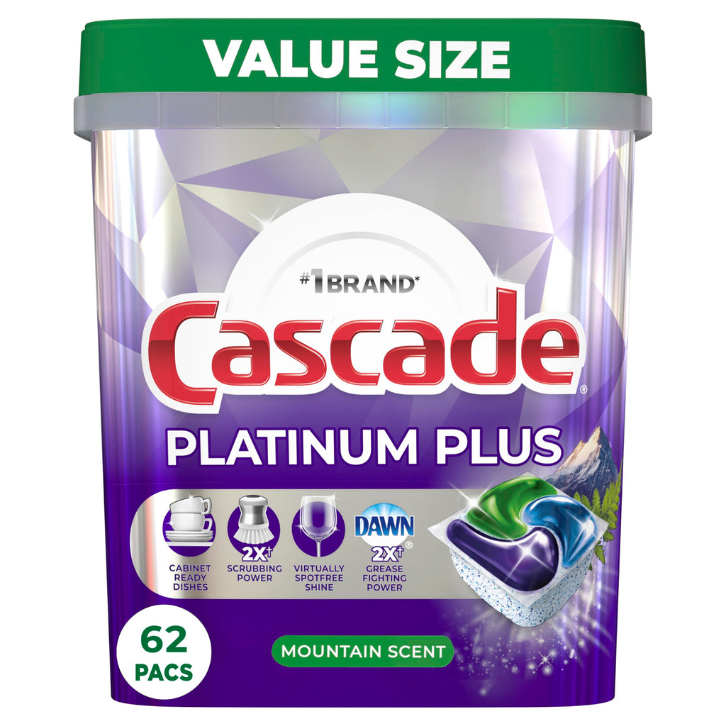 Cascade Platinum Plus ActionPacs Dishwasher Detergent Pods, Dishwasher Soap, Cleaning Supplies, Mountain, 62 Count
