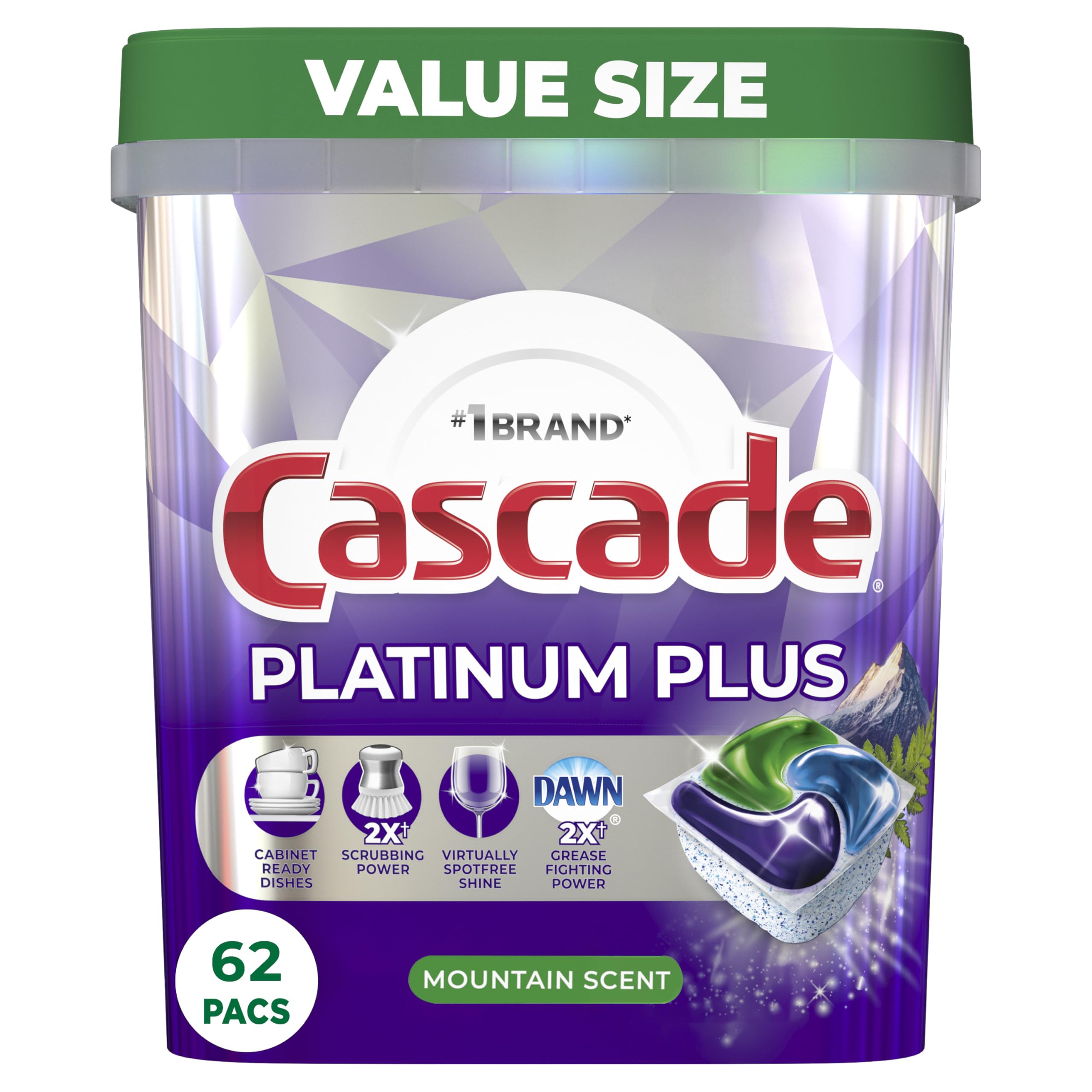 Cascade Platinum Plus ActionPacs Dishwasher Detergent Pods, Dishwasher Soap, Cleaning Supplies, Mountain, 62 Count