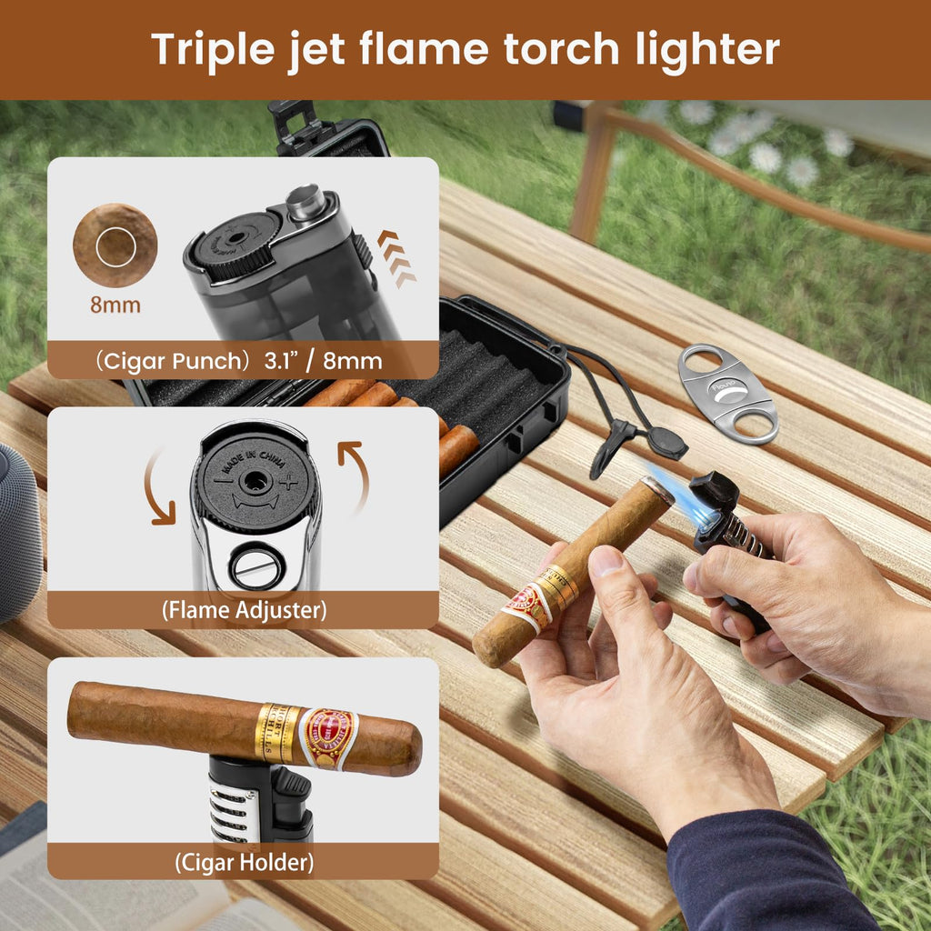 Flauno Travel Cigar Humidor Case - Portable Humidor Kit with Lighter (Without Gas), Cutter, Holder, Humidifier & Dropper, Waterproof, Crushproof, Airtight Seal (Holds up to 5 Cigars)