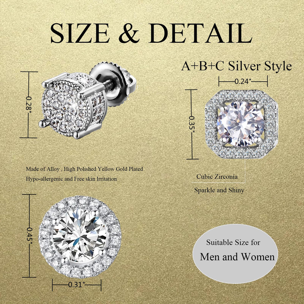 Stud Earrings for Men,18K White Gold Plated Round Square Cubic Zirconia Hypoallergenic Studs Earrings Set for Women (3 Pairs-A+B+C Silver)
