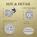 Stud Earrings for Men,18K White Gold Plated Round Square Cubic Zirconia Hypoallergenic Studs Earrings Set for Women (3 Pairs-A+B+C Silver)