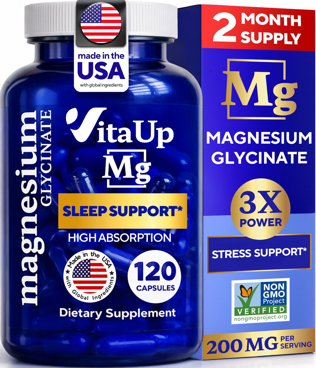 VitaUp Magnesium Glycinate 200mg - USA Made, Highly Absorbed, Non-GMO Magnesium for Relaxation, Deep Sleep, Bones & Heart - 200mg per Serving, 120 Vegan Capsules