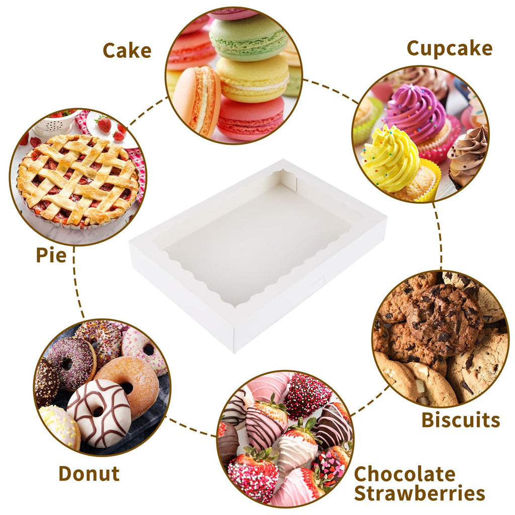 Moretoes 30pcs Cookie Boxes, 16x11x2.5 Inches Auto-Popup Bakery Boxes with Window for Pastries, Pies, Muffins, Chocolate Covered Strawberries