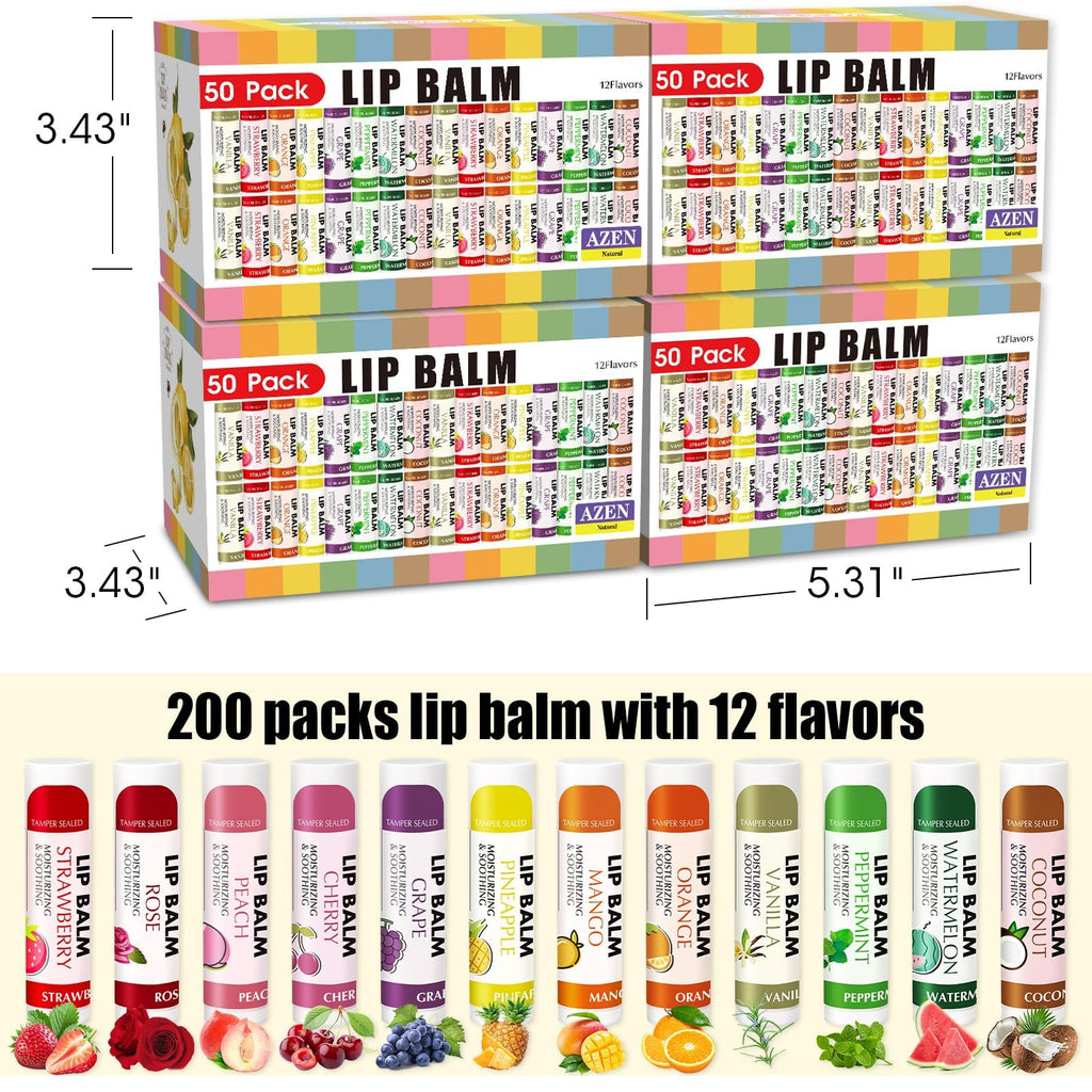 AZEN 200 Pack Lip Balm Bulk, Moisturizing Lip Balms for dry cracked lips, Mothers Day Gifts Easter Basket Stuffers - 12 Flavors