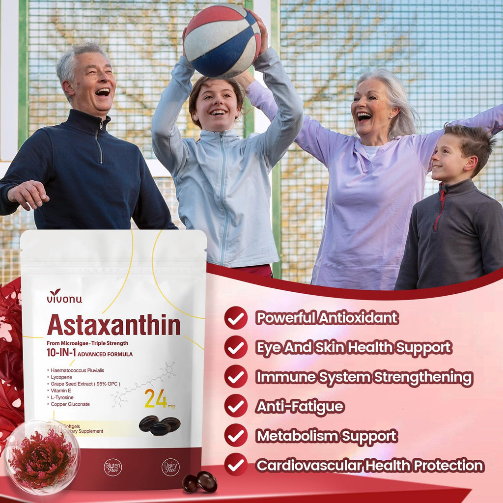 10 in 1 Astaxanthin Supplements 24mg, 4 Month Supply, Astaxantina Antioxidant from Fresh Haematococcus Pluvialis, Contains Lycopene, Grape Seed, Vitamin E, & More Supports Eye, Joints, Skin Health