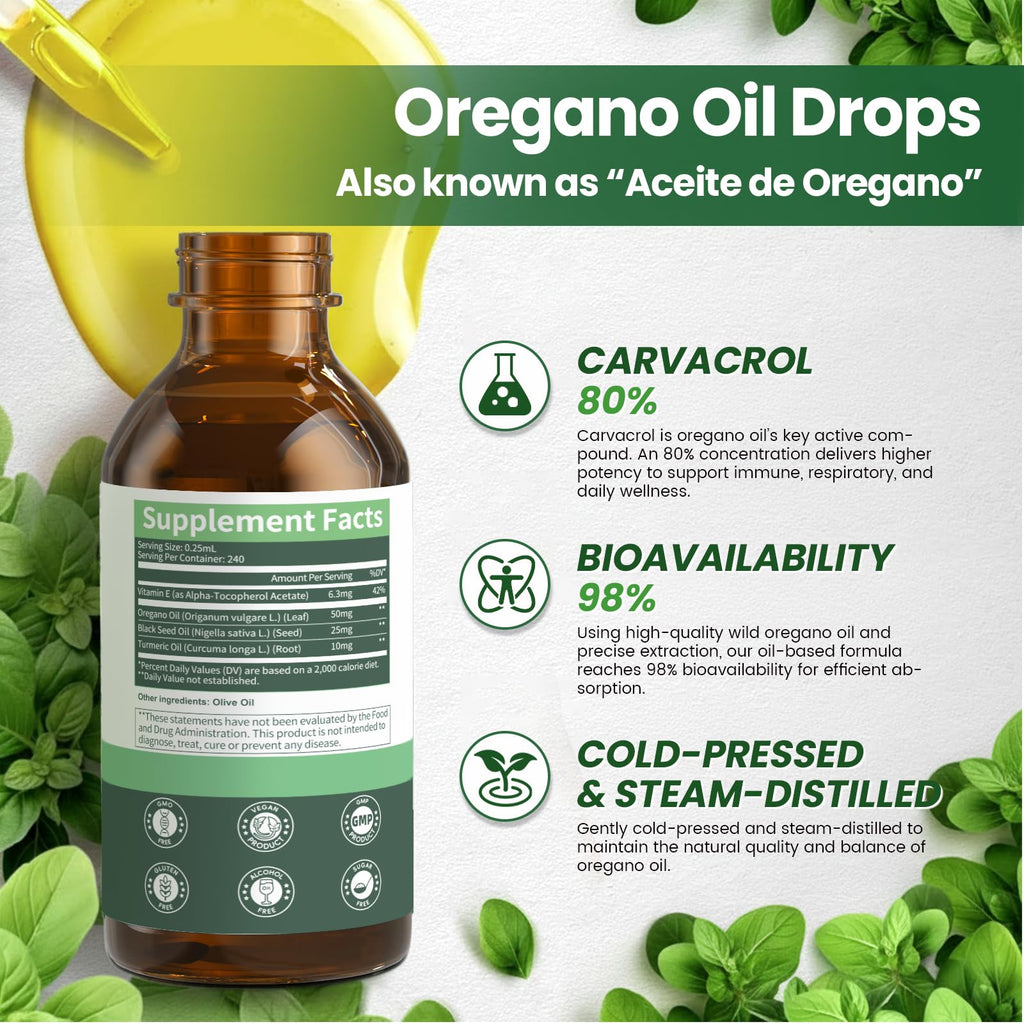 Oil of Oregano Drops with Black Seed Oil, Turmeric Oil, Vitamin E & Olive Oil Based, Immune Digestive Cleanse & Detox*, 80% Carvacrol Cold-Pressed Natural Aceite de Oregano, 2 Fl Oz, 8 Month Supply