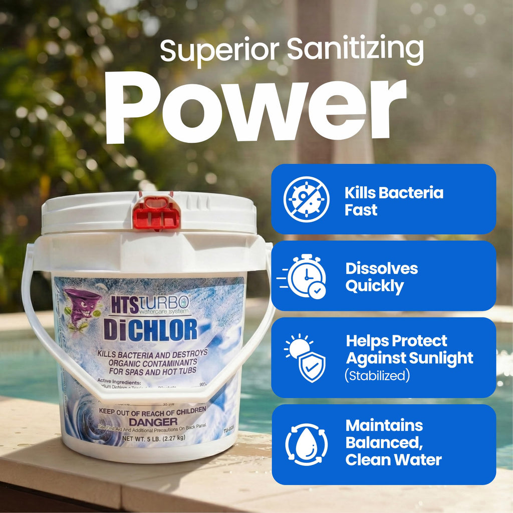 HTS Turbo Chlorine Granules for Pools, Hot Tubs and Spa - 5 lbs (80 oz) Made in USA | Fast-Dissolving Pool Chlorine Granular Sanitizer, Stabilized Dichlor | Spa & Pool Water Care Treatment