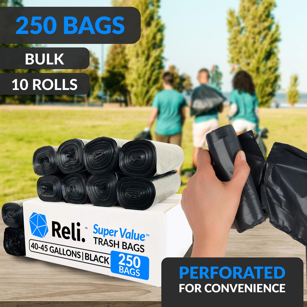 Reli. 40 to 45 Gallon Trash Bags Heavy Duty | 250 Trash Bags with Ties | Super Sizeable, Black, Serious Garbage Cleanup
