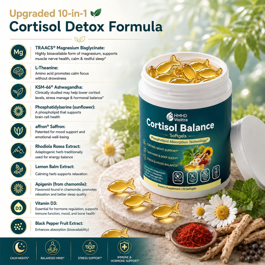 Cortisol Supplements for Women Men, 10-in-1 Cortisol Reducer Detox Manager Softgels w. Magnesium L-Theanine Apigenin Saffron Rhodiola, Evening Calm for Sleep Mood Energy, Non-Melatonin Liposomal