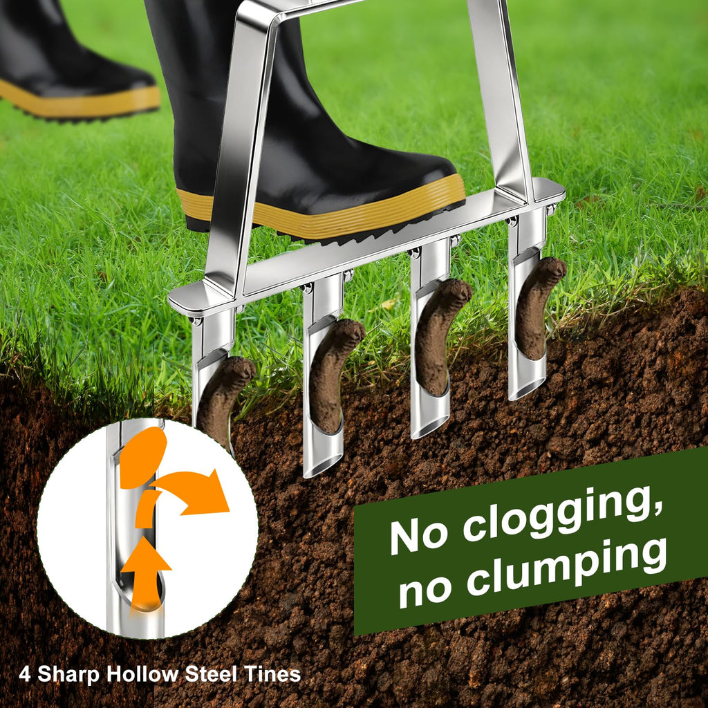 Qdreclod Core Aerator Lawn Tool Manual Lawn Aerator Tool with 4 Hollow Tines Non-Clogging Heavy Duty Plug Aerator for Soil Loosening Lawn Aeration, Revives Lawn Health,Garden Tool