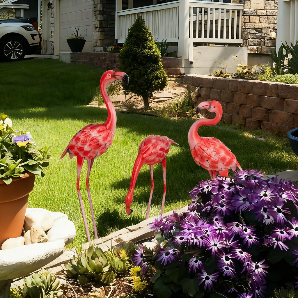 XONOR 3Pcs Flamingo Garden Statues Metal Flamingo Yard Art Outdoor Statues Sculptures for Home Patio Lawn Backyard Décor(Pink&Red)