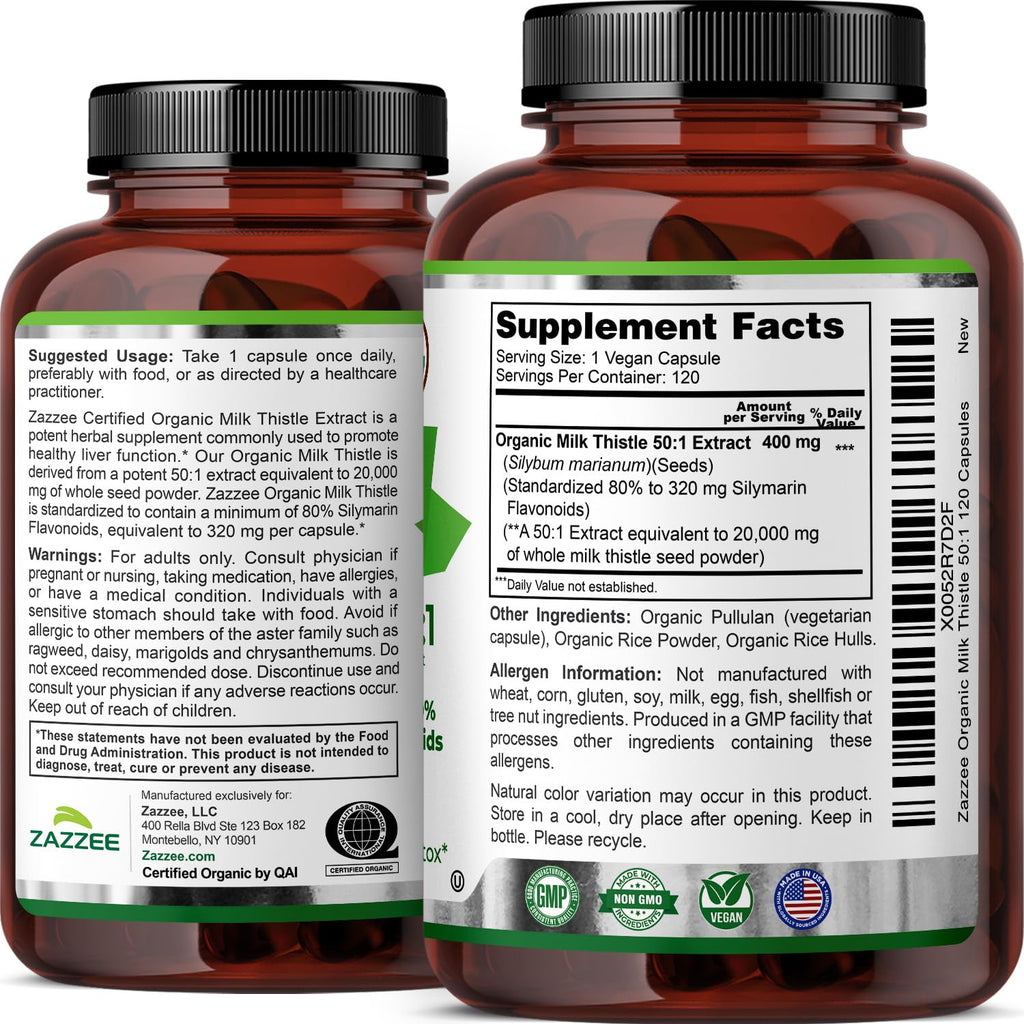 Zazzee USDA Organic Milk Thistle 50:1 Extract, 80% Silymarin Flavonoids, 120 Vegan Capsules, 4 Month Supply, Certified Kosher, Silybum Marianum, Liver Support & Detox Support, All-Natural, Made in USA