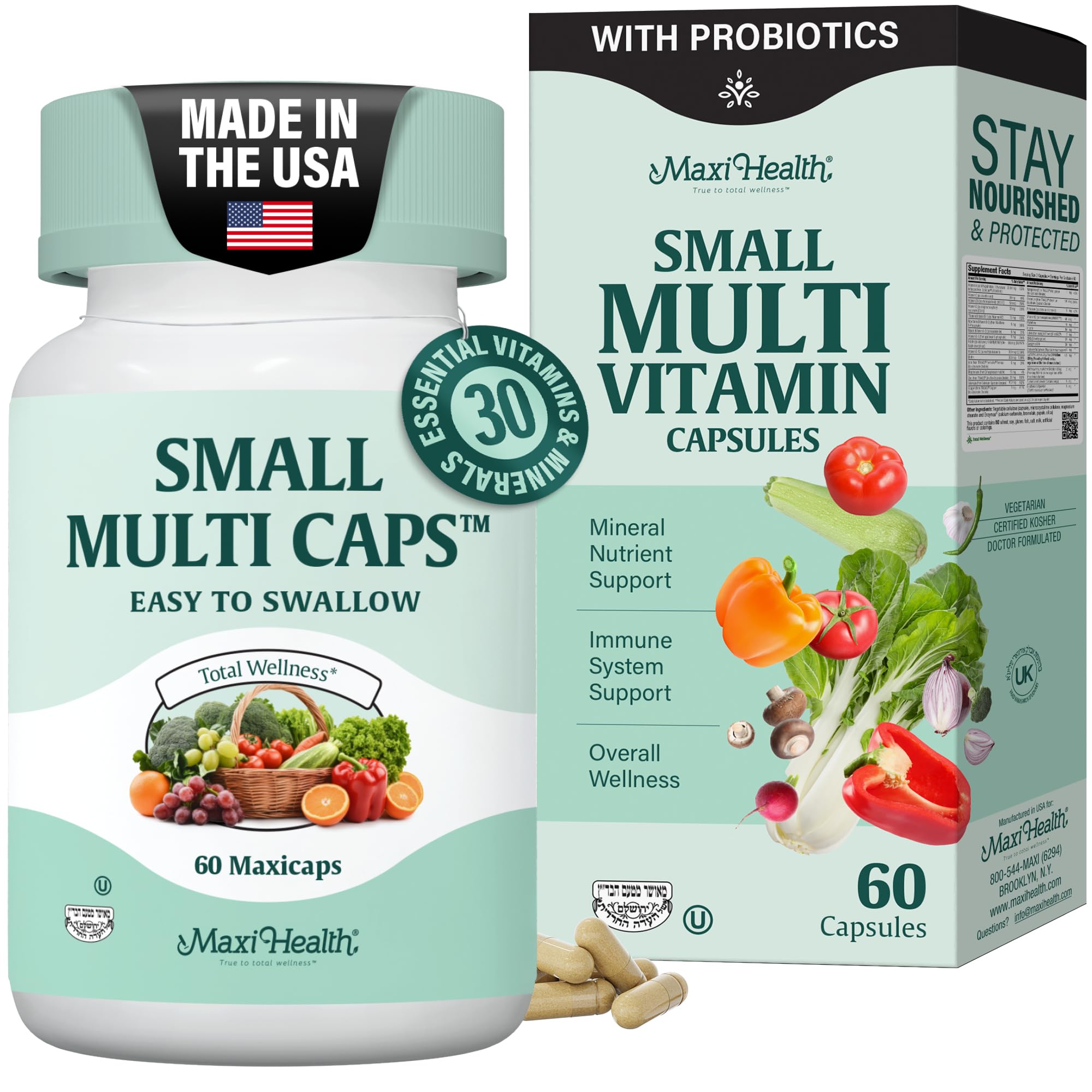 Maxi Health Multivitamin – Easy to Swallow Multi Vitamin Capsules with 30 Nutrients, Iron & Probiotics – Kosher Daily Multivitamins Small Capsules for Wellness Support & Digestive Ease (60 Units)