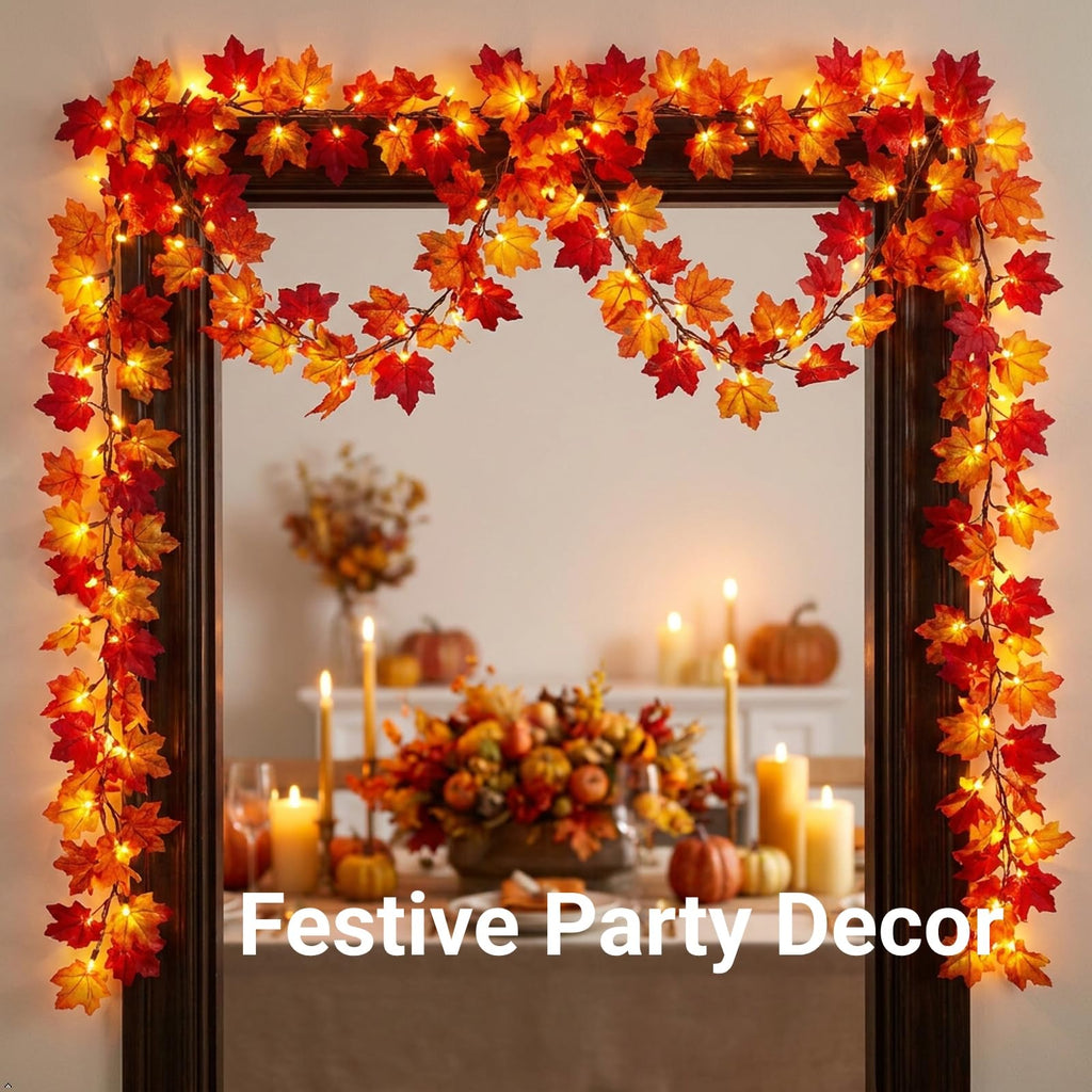 Brillarlights Fall Leaf Garland with Lights Plug in, 11FT Lighted Maple Leaf Garland with 50 Orange Bulbs, Connectable Fall Decorations for Home, Thanksgiving Halloween Mantel Stairs Porch Decor