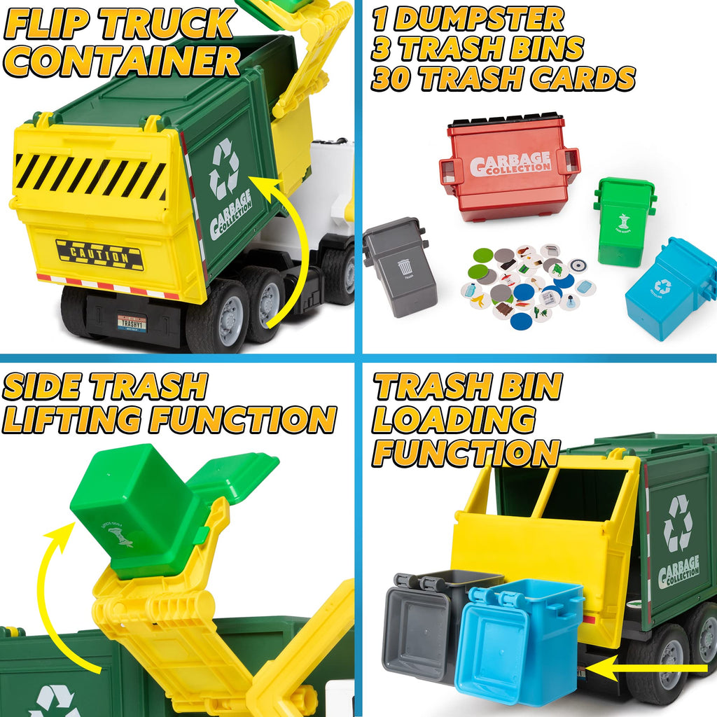 JOYIN Garbage Truck Toys, Toys for 3 4 5 6 7 8+Years Old Boys, Bin Lorry Toy, Realistic Big Garbage Truck with Lights and Sounds,Front Load Dumpster,Trash Bins with Trash Cards,Birthday Gifts for Boys
