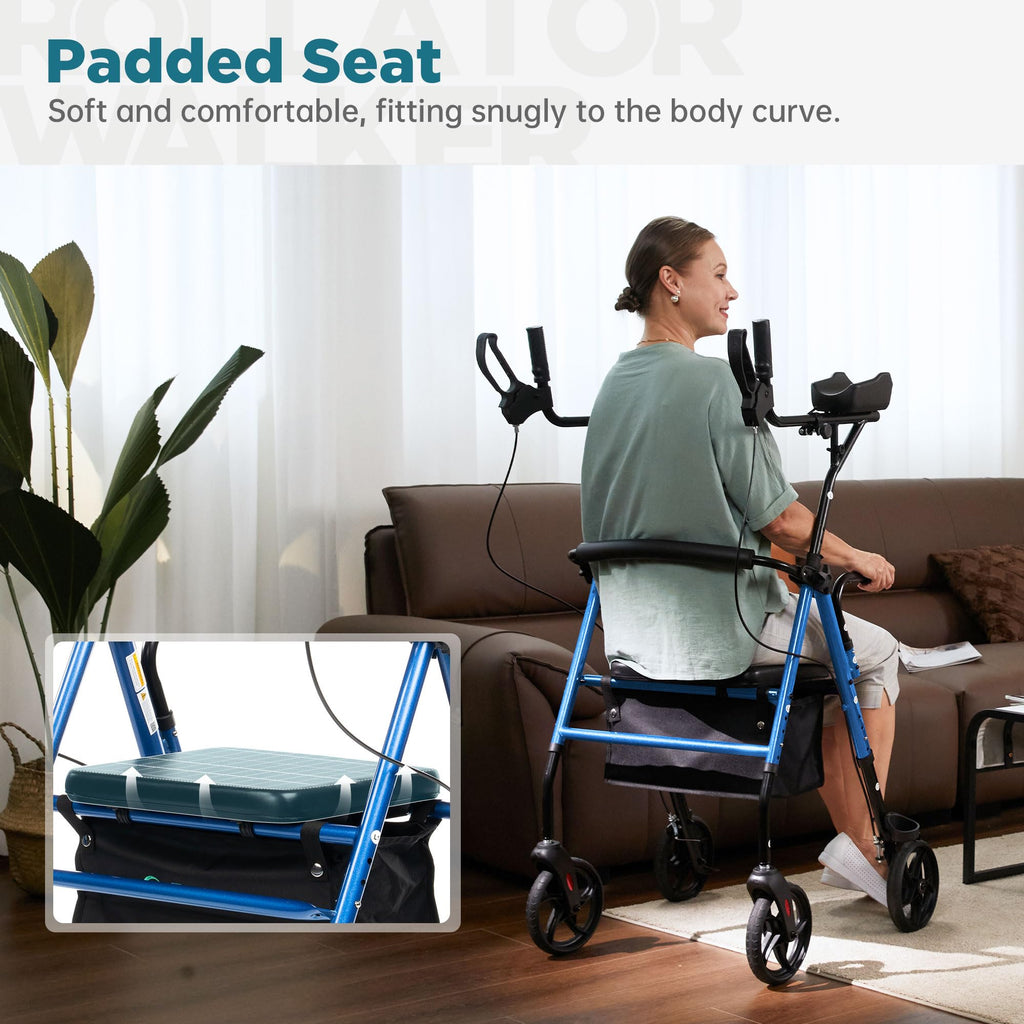 ELENKER Upright Walker, Stand Up Rollator Walker with Padded Seat and Backrest, Lightweight, Compact Folding, Fully Adjustment Frame for Seniors, Blue