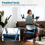 ELENKER Upright Walker, Stand Up Rollator Walker with Padded Seat and Backrest, Lightweight, Compact Folding, Fully Adjustment Frame for Seniors, Blue