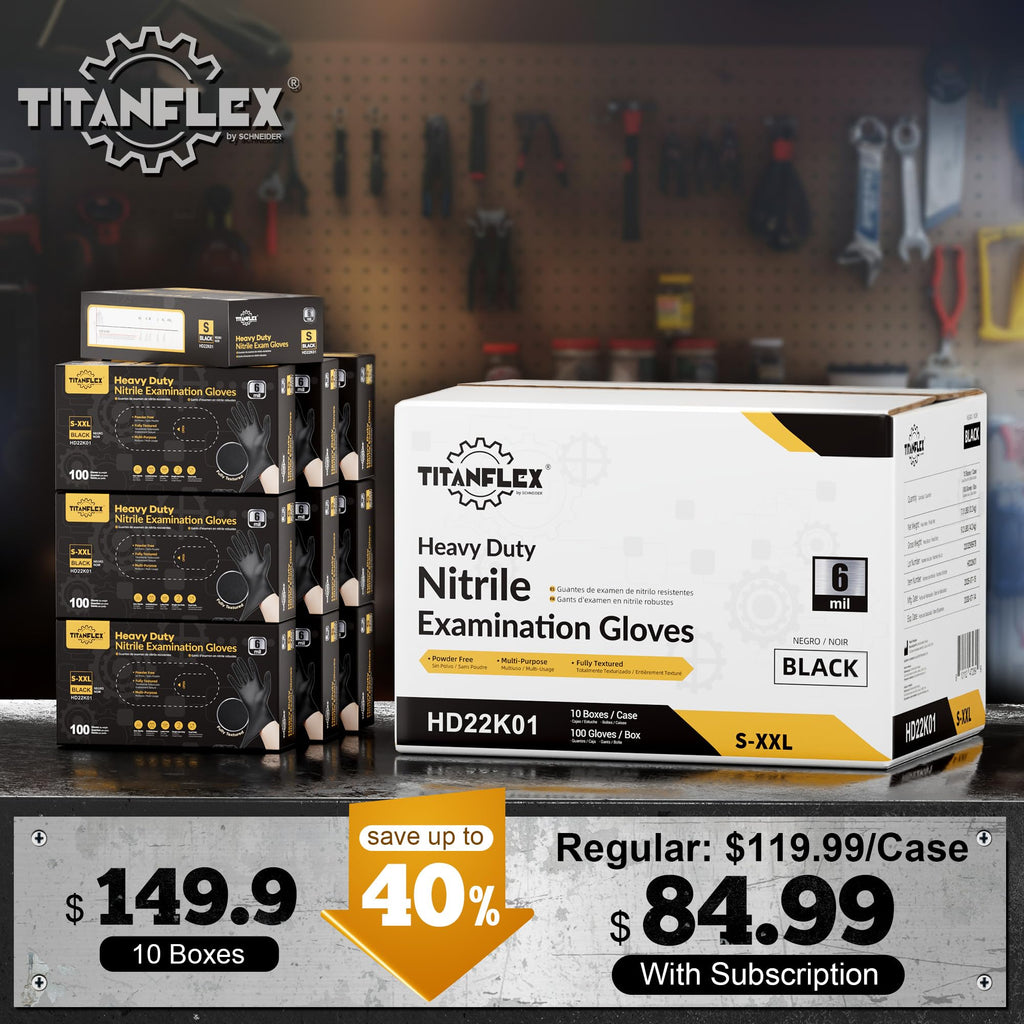 TitanFlex Heavy Duty Black Nitrile Gloves, 6-mil, Fully Textured, Large 1000-ct Box, Mechanic Disposable Gloves, Work Gloves, Latex Free, Powder Free, Rubber Gloves for Food Prep