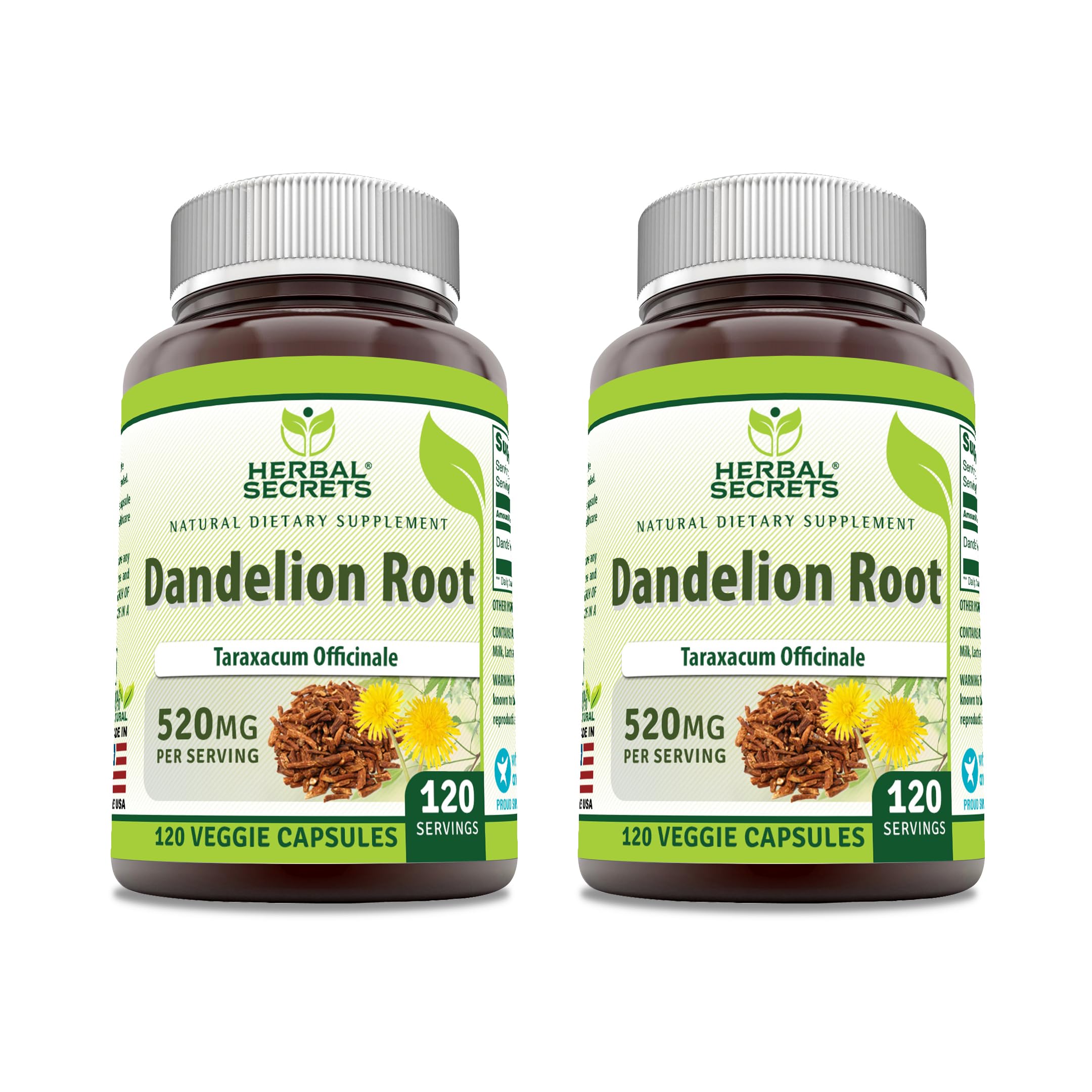 Herbal Secrets Dandelion Root 520 mg Veggie Capsules Supplement | Non-GMO | Gluten Free | Made in USA (120 Count | 2 Pack)