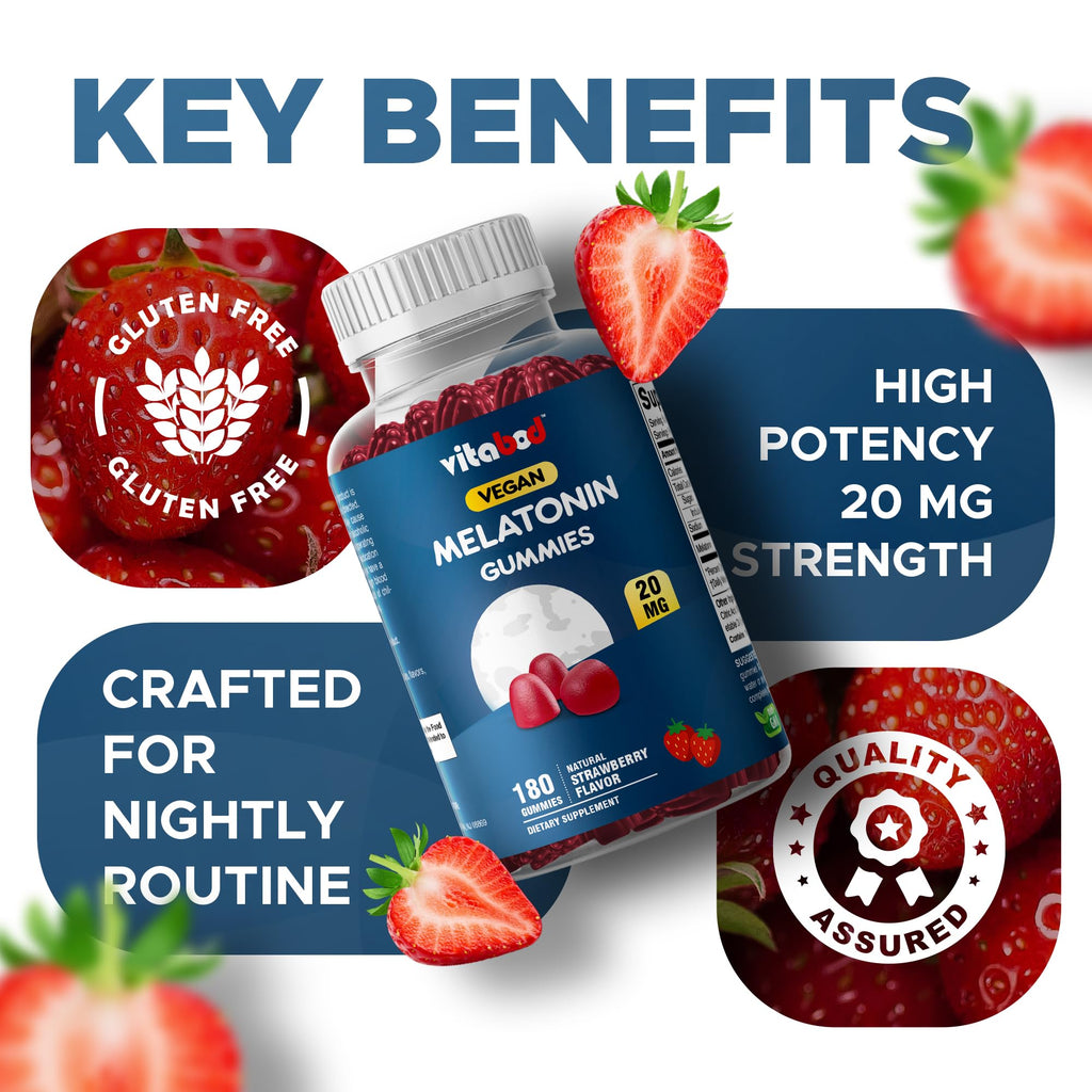 Vitabod Melatonin 20mg Gummies - 180 Count - Drug Free - Natural Strawberry Flavor - Vegetarian, Non-GMO, Gluten Free (3 Bottles)