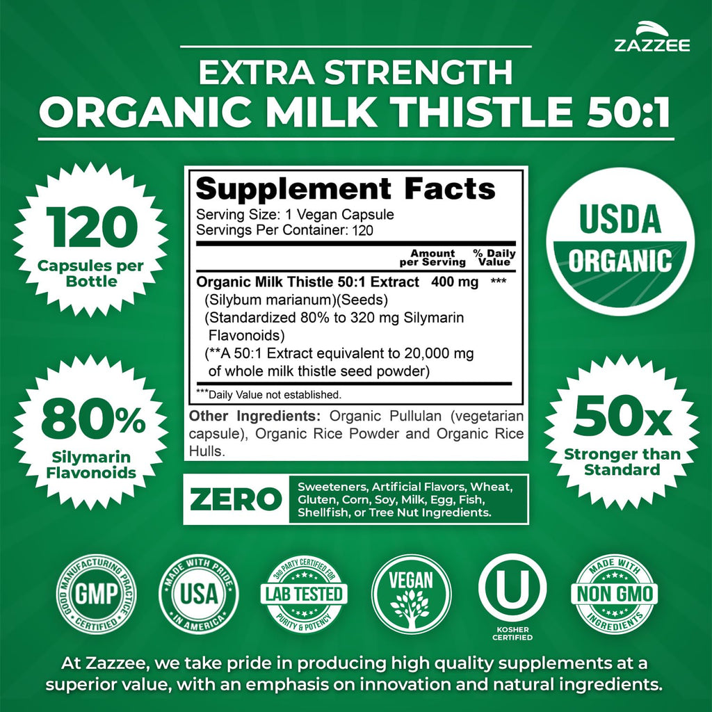 Zazzee USDA Organic Milk Thistle 50:1 Extract, 80% Silymarin Flavonoids, 120 Vegan Capsules, 4 Month Supply, Certified Kosher, Silybum Marianum, Liver Support & Detox Support, All-Natural, Made in USA