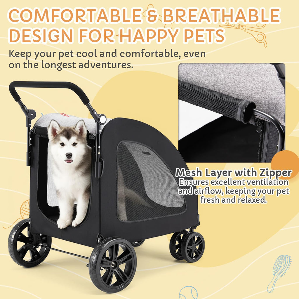 Danrelax Large Pet Stroller for Large & Medium Dogs, 77 lb Capacity, 12" All-Terrain Shock Absorbing Wheels, Waterproof 600D Grey Linen, Heavy-Duty Extra Large Pet Pram, Foldable Travel Stroller