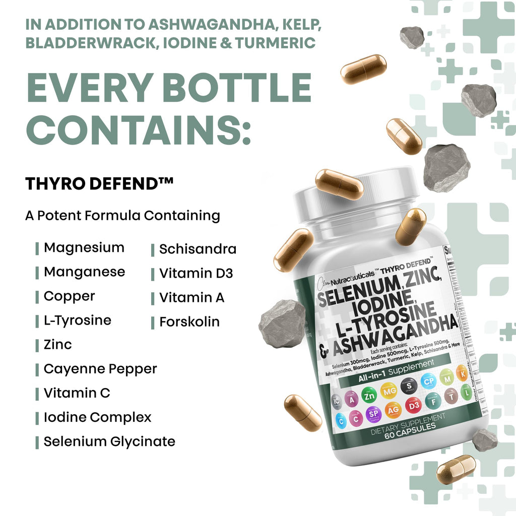 Clean Nutra Selenium 300mcg Iodine 500mcg Thyroid Support for Women & Men | L Tyrosine 500mg Ashwagandha Supplement Bladderwrack, Turmeric, Kelp, Schisandra Zinc Pills Capsule Supplements
