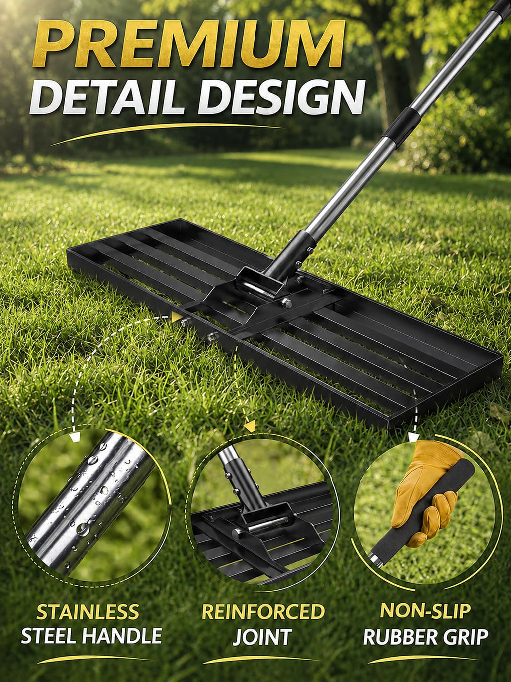 30x10 inch Lawn Leveling Rake, Yumatum 72" Heavy Duty Lawn Leveler Tool, Stainless Steel Handle Lawn Leveler for Yard Golf Pasture Garden, Professional Lawn Care Landscape Rake
