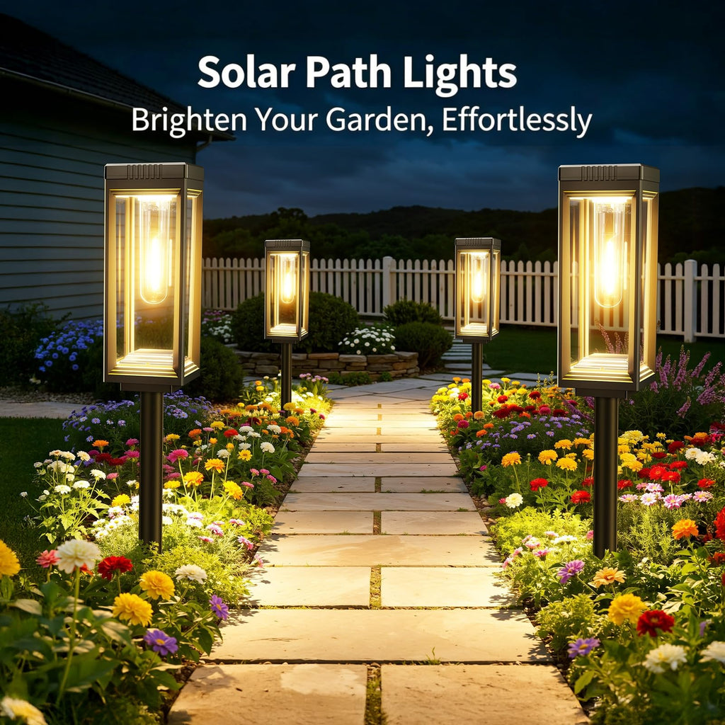 VICOUP 4 Pack Tall Solar Pathway Lights Outdoor, Bright Solar Powered Garden Lights Waterproof, Auto On/Off, Up to 15Hrs Outdoor Light for Path Yard Walkway Driveway Patio Lawn Decor Landscape