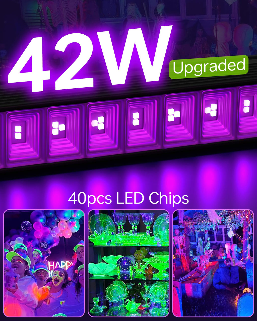 4 Pack LED 42W Black Lights, Blacklight Bars for Glow Party, Halloween