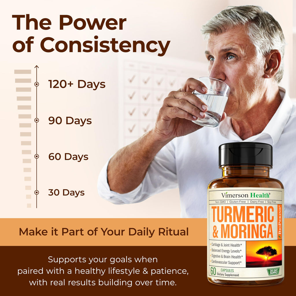 Moringa Turmeric Supplement for Joint Health, Gut Health, Energy and Immune Support – Total Wellness Formula with Tumeric Moringa Pure Capsules – Turmeric Curcumin with Black Pepper – 60 Count