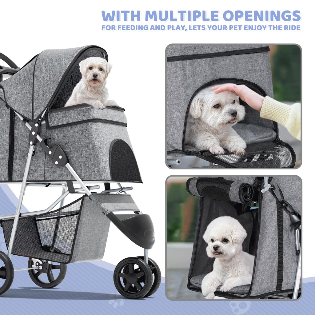 Magshion 3-Wheel Pet Stroller, Foldable Travel Jogger for Small & Medium Dogs & Cats (Up to 33lbs), Lightweight Carrier with Breathable Mesh Cover, Cup Holder & Storage Basket, Gray