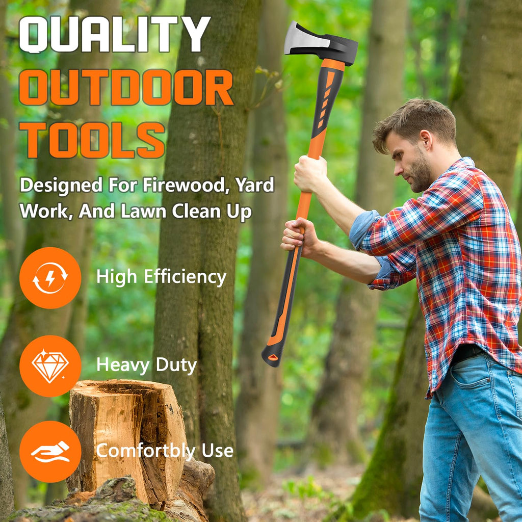 Chopping Axe, Hand Axe, Camp Hatchet for Splitting Kindling and Chopping Branches, Wood Chopping Axe 6.8 lb with 36-in Fiberglass Handle (L)