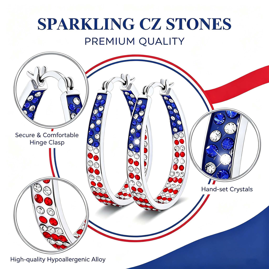 Go Ho 4th of July Patriotic Hoop Earrings, American Flag Red White and Blue Sparkly Crystal Jewelry for Women, Independence Day Accessories for Shirts Outfits