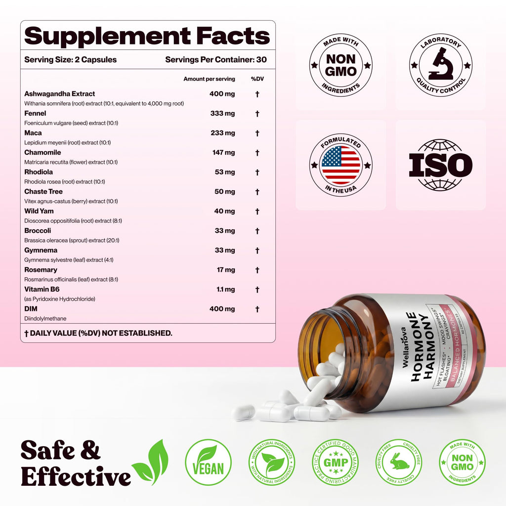 Wellanova Hormone Harmony for Women – Natural Hormonal Balance Support for Menopause & Perimenopause – Hot Flashes, Mood Swings, Cravings, Bloating Relief – 60 Capsules