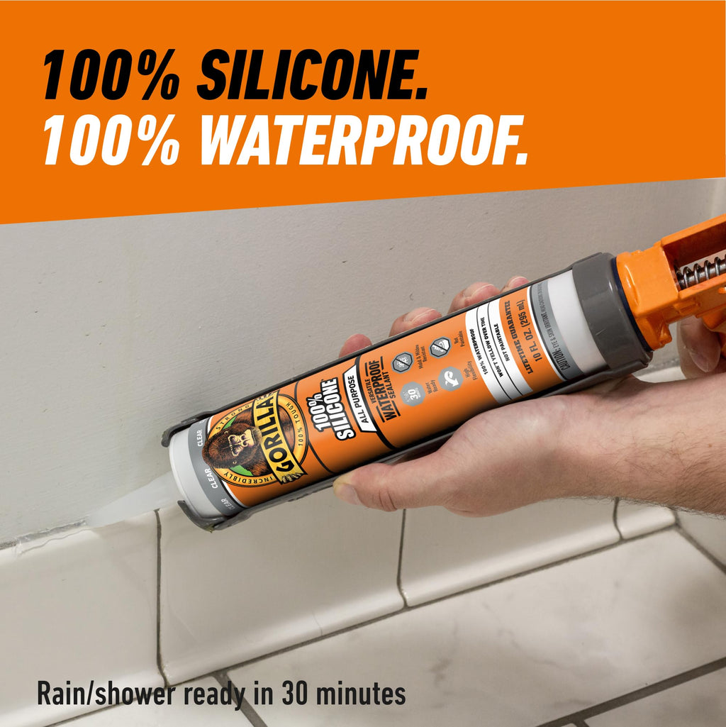Gorilla 100% Silicone Sealant All Purpose, 10 Ounce Cartridge, Clear (Pack of 12)