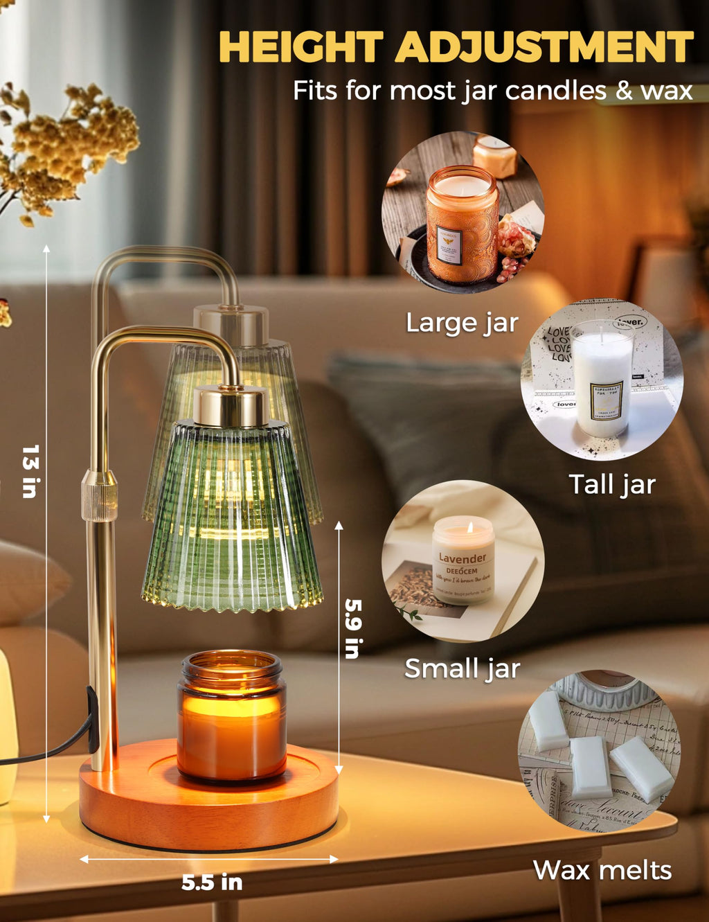 Green Candle Warmer Lamp with 24h Cycle Timer, Dimmable Wax Melt Warmer
