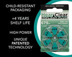 Hear Clear Size 675P Cochlear Implant Hearing Aid Batteries Green Tab (60 Batteries)