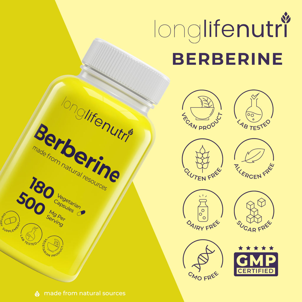 Berberine 500mg HCL Extract – from Berberis Aristata Vulgaris, 180 Vegetarian Capsules, Digestive Supplement for Overall Well-Being, 6-Month Supply, Non-GMO,1000mg per Serving, GMP Certified, USA Made