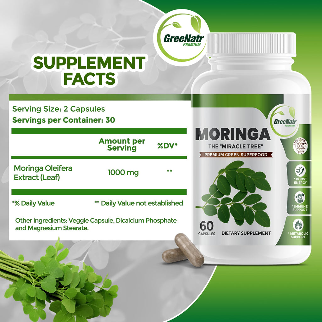 GreeNatr Pure Moringa Oleifera Leaf Extract Veggie Capsules 1000 mg. Natural Herbal Supplement. Energy, Mood, Memory and Focus Support. Premium Green Superfood (3 Bottles)
