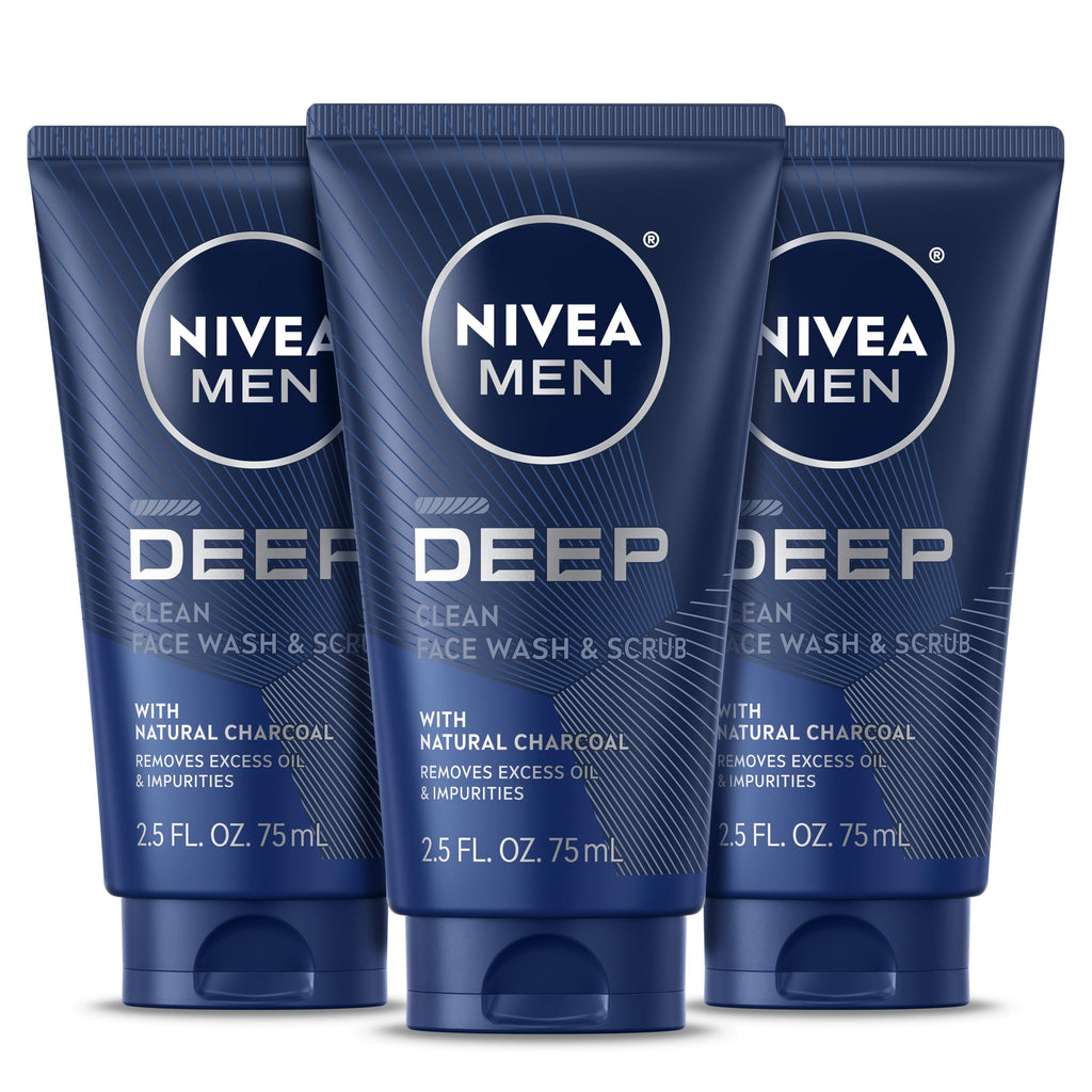 NIVEA MEN Deep Clean Face Wash and Scrub with Natural Charcoal, Exfoliating Face Wash for Men Removes Excess Oil, Dirt and Impurities, Beard Friendly Skin Care, 2.5 Fl Oz Tube, Pack of 3