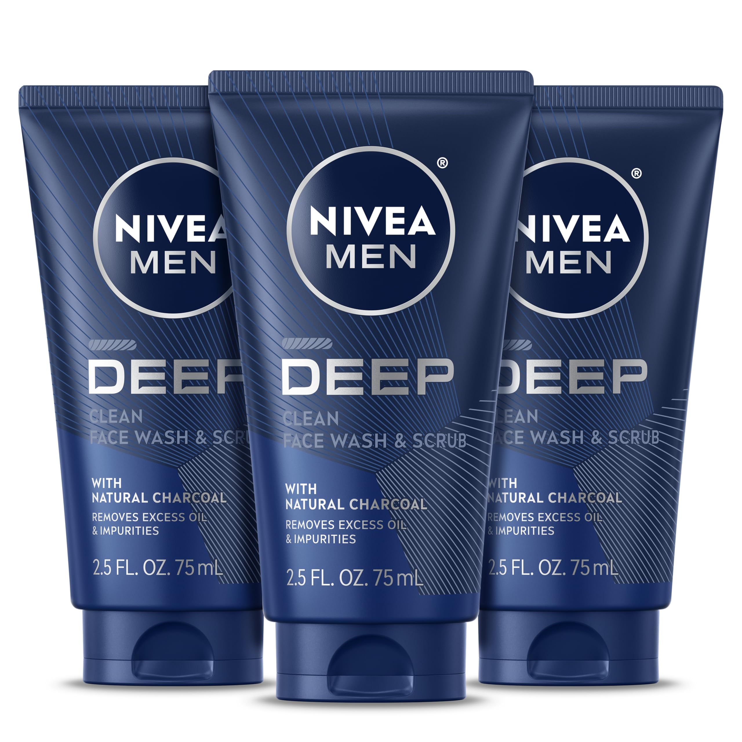 NIVEA MEN Deep Clean Face Wash and Scrub with Natural Charcoal, Exfoliating Face Wash for Men Removes Excess Oil, Dirt and Impurities, Beard Friendly Skin Care, 2.5 Fl Oz Tube, Pack of 3