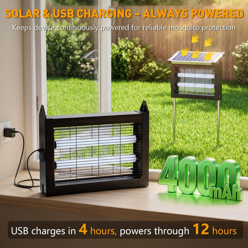 Solar Bug Zapper Outdoor, 4500V Solar Mosquito Zapper for Outdoor & Indoor, 1/2 Acre Coverage Cordless Rechargeable Electric Fly Zapper, IPX5 Waterproof Mosquito Traps for Backyard, Patio, Camping