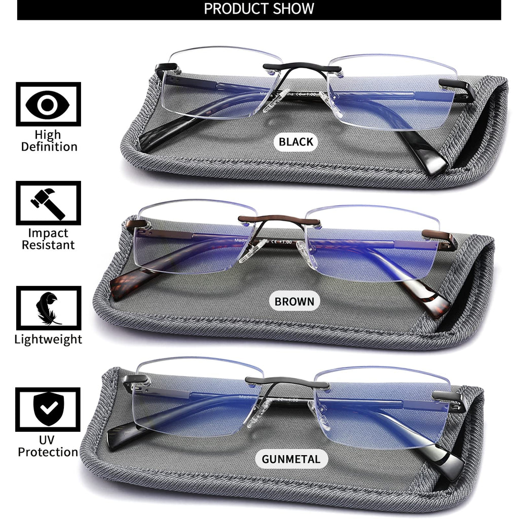JJWELL 3 Pack Reading Glasses for Men Blue Light Blocking, Lightweight Rimless Metal Mens Eyeglasses Readers, Anti Eyestrain/Dryness/Computer Glare/UV 400, Spring Hinge Eyeglasses(250 Strength)