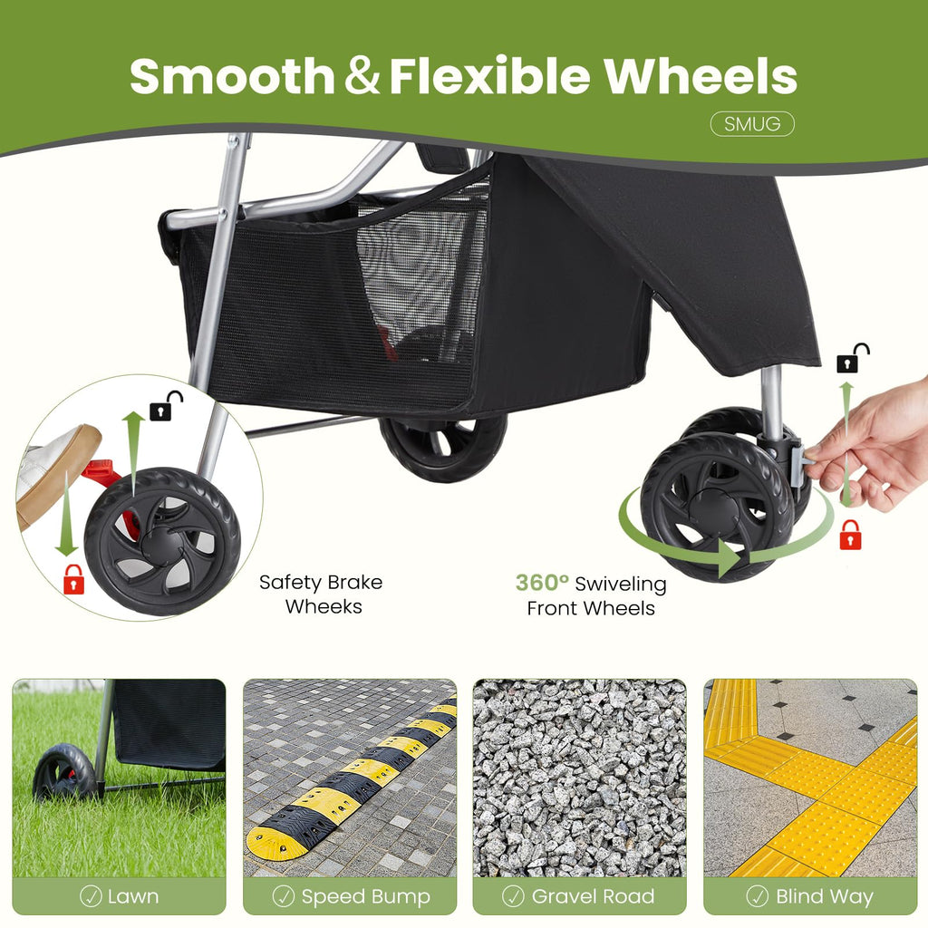 KMFurnila 3 Wheel Pet Stroller for Dogs, Cats Stroller with Storage Basket and Cup Holders, Foldable, Lightweight and Durable, Ideal for Small to Medium Pets, Home Cleaning, Black