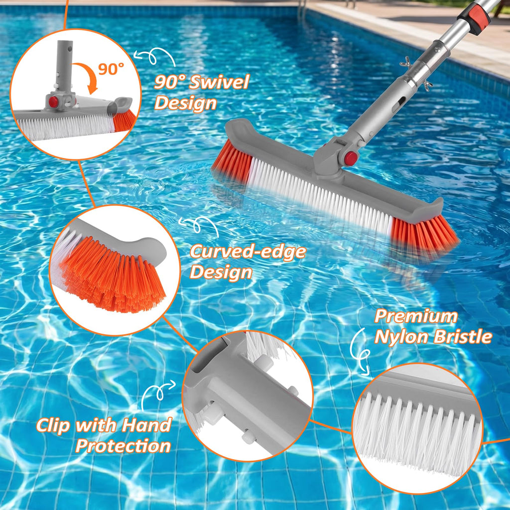 16FT Pool Brush with Pole, 19" Heavy Duty Swimming Pool Brush with 4-16FT Aluminum Telescopic Pole, Pool Scrubber Brush Head with Universal Adapter for Cleaning Pool Walls, Corners, Floors