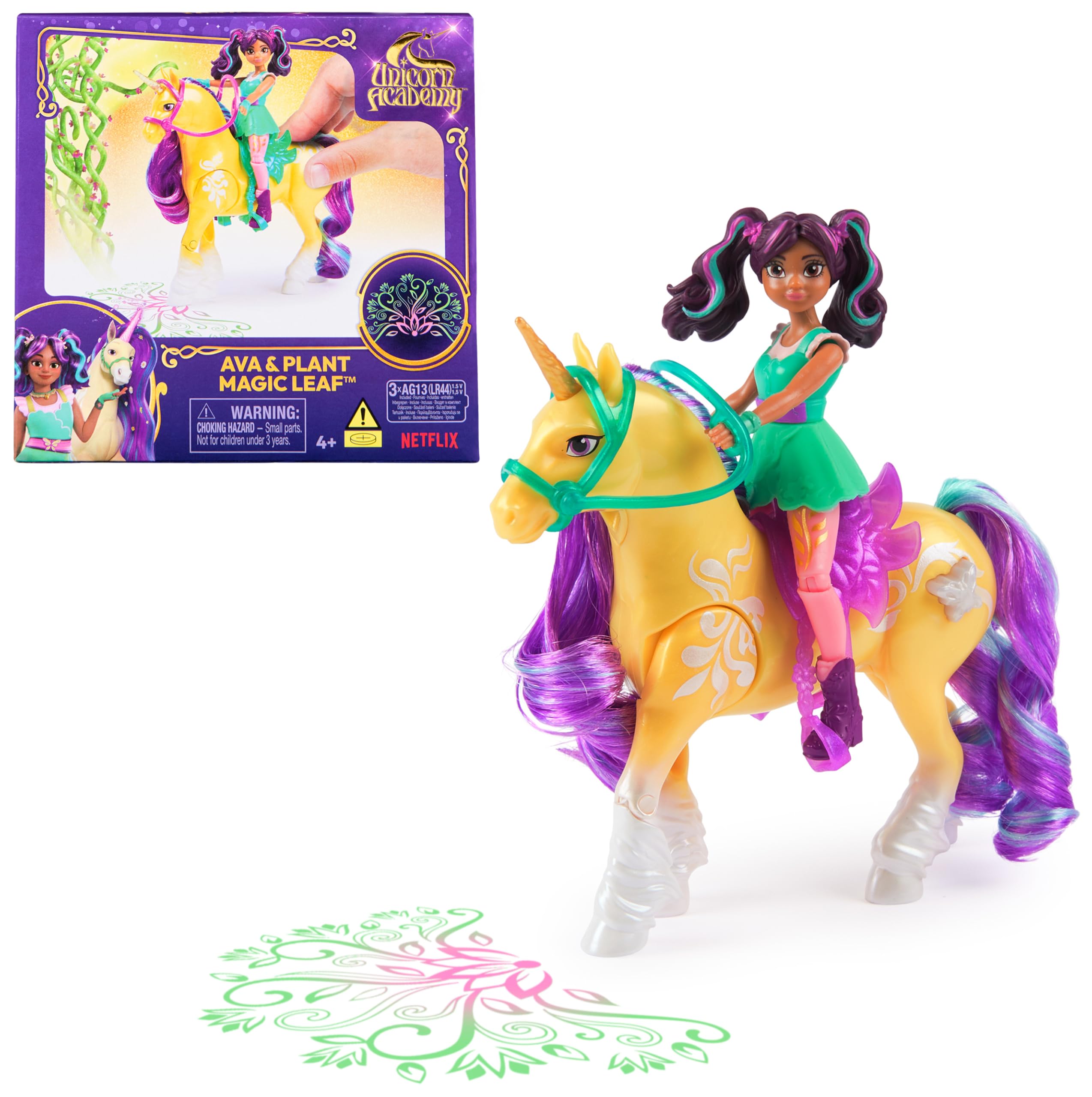 Unicorn Academy, Ava & Plant Magic Leaf with Light-up Effect, 2 Riding Accessories, Dolls & Unicorn Toys for Girls Ages 4 and up